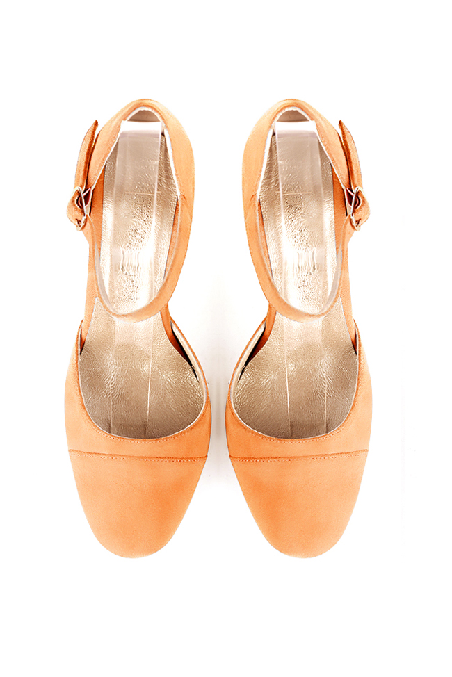 Women's marigold orange elegant closed-back heels, with an instep strap. Round toe. High block heels - Top view